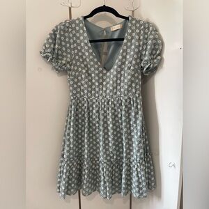 Altar’d State short Floral Blue Dress with Puff Sleeves - xs wedding guest teal